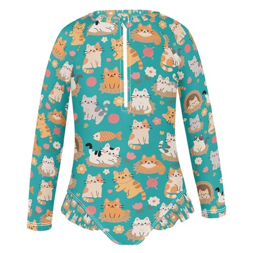 ALAZA Cat Kitten Ball Fish Girls One Piece Swimsuit Long Sleeve Rashguard Swimsuit UV 50+ Swimwear Zip2