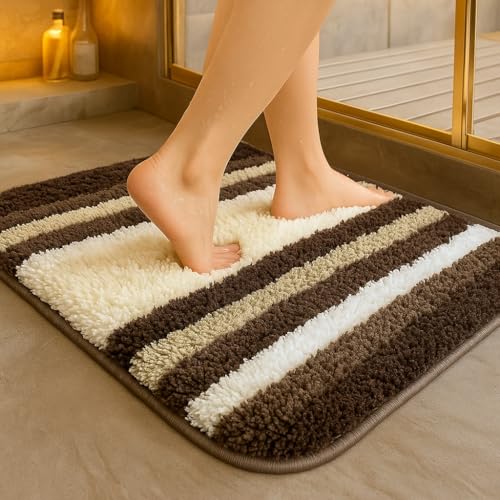 Image of VAS COLLECTIONS Microfiber Solid & Striped Anti-Skid Bath Mats - Pack of 2 (Brown & White, 35x50 cm)