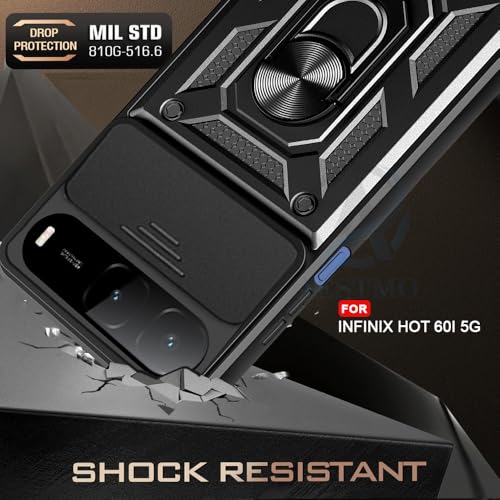 Image of AESTMO Tough Armor Infinix Hot 60i 5G / Tecno Spark GO 5G Bumper Back Case Cover | Ring Holder & Sliding Camera Shield Cover | 360 Degree Protection Back Case Cover (Black)