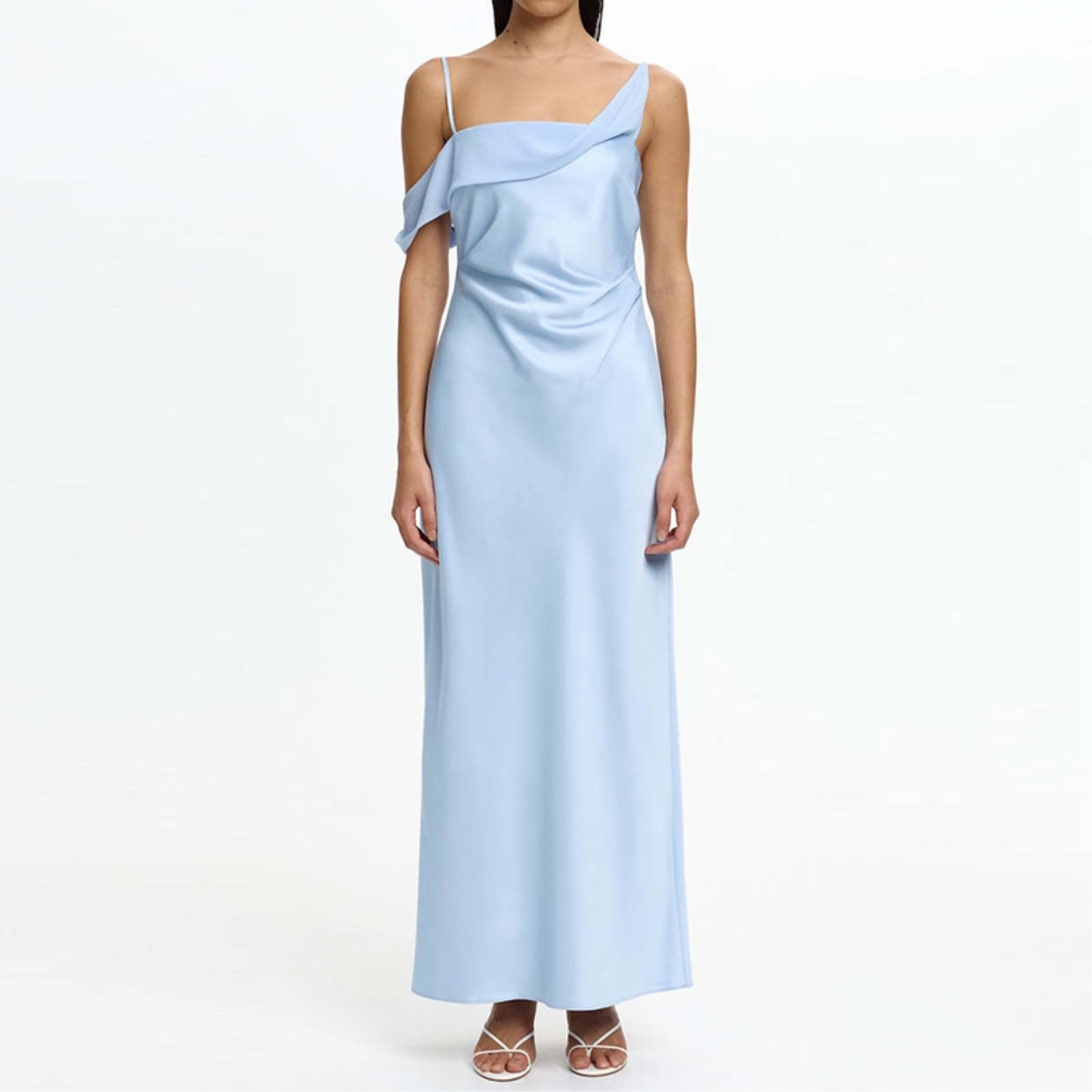 Abito Donna Una Spalla Raso Maxi Asimmetrico Drappato da Sera, Mucca Cinturina Asimmetrica Abito-05 Blue-s