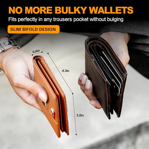 Image of Wallet for Men Slim RFID Blocking Bifold Carbon Fiber,Minimalist Small Compact Front Pocket Credit Card Holder,Thin Mens Leather Wallets Smart Security With 2 ID windows 1 Cash (Cross Brown)