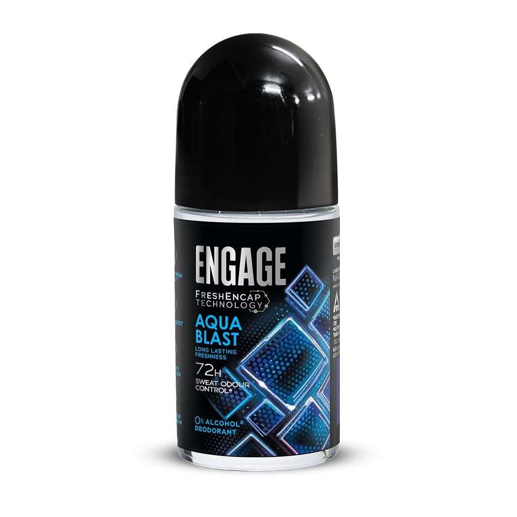 Engage Aqua Blast Roll On Deo For Man, 50ml| 0% Alcohol Underarm Roll On| Deo Roll on For Men with 72 Hour Sweat Odour Protection| Anti-Bacterial Protection| Motion Activated FreshEncap Technology