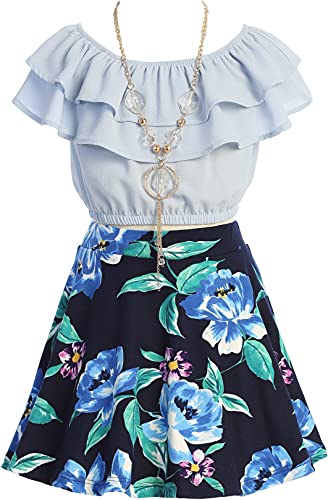 Image of Cold Shoulder Crop Top Ruffle Layered Top Flower Girl Skirt Sets for Girl