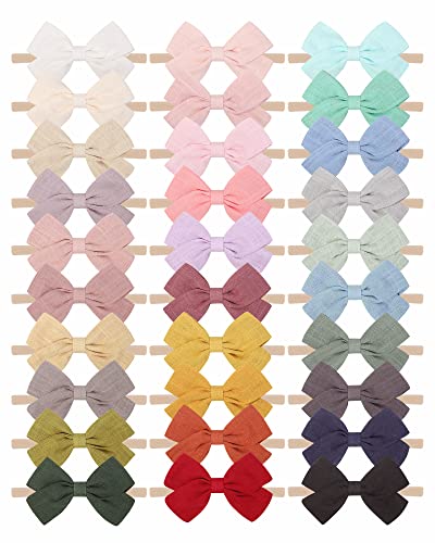 Image of jollybows 30pcs Baby Girls Nylon Hair Bows Headbands Linen Bands Elastic Accessories for Kids Infants Newborn (3-30 PCS Solid Linen)