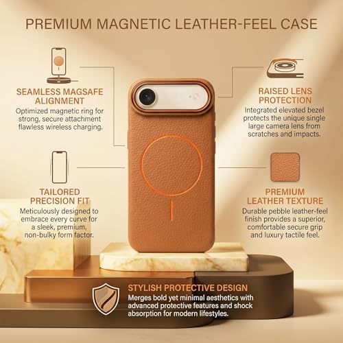 Image of amazon basics Luxury MagSafe Compatible Leather Texture Back Cover for iPhone 17 Air | Raised Camera Protection | Slim Fit Shockproof Case with Metallic Accents (Orange)