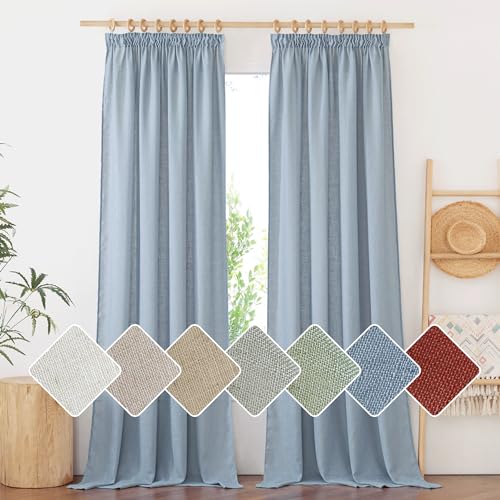 PONY DANCE Rideaux Voilage - Rideau Lin Naturel Draperies Demi Transparent Décoration de Salon Maison Romantique Galon Fronceur, Largeur 140 cm sur Hauteur...