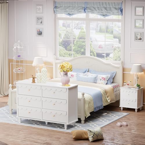 Image of Anbuy Nursery Chests and Dresser for Kids Bedroom Wood Scalloped 6 Drawer Dresser, Dressers & Chests of Drawers with Metal Handles for Bedroom, Nursery, Hallway(White)