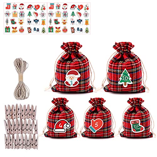 Betos Lot de 24 sacs à cordon de serrage pour calendrier de Noël, calendrier de l'Avent à faire soi-même, calendrier de l'Avent à suspendre, 24 autocollants de calendrier Cover