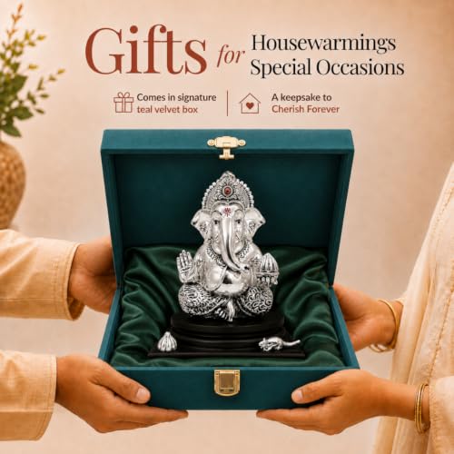 Image of Silver-Plated Lord Ganesha Idol with Modak & Mushak | Ganpati Murti for Home, Pooja Room, Office Desk & Car Dashboard | Home Decor & Diwali Gift - Large