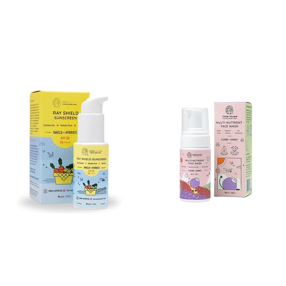 Little Rituals Rayshield Sunscreen for Baby and Kids, SPF 50 PA++++ UVA/UVB (6m+) - 50 g and Multi-Nutrient Foaming Face Wash for Babies & Kids (6m+) with Indian Rose & Kashmiri Saffron - 100 ml