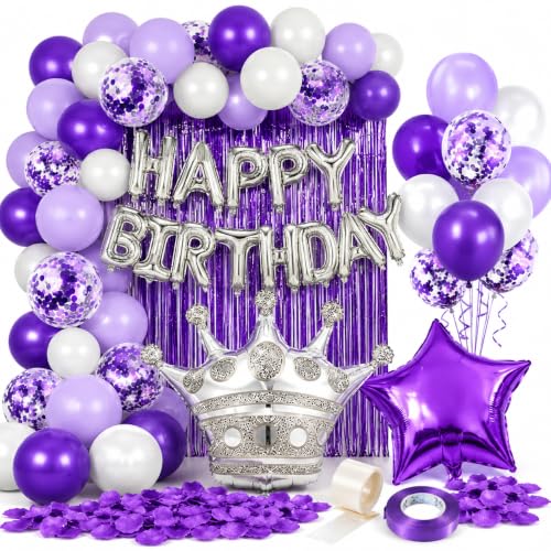Image of Purple Birthday Decorations for Women | Happy Birthday Balloons and Star Crown Balloons, Fringe Curtain and petals for Women Girls Princess Party