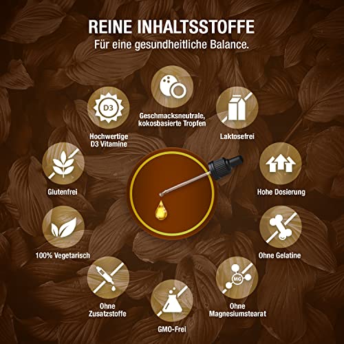 Pharmavital Vitamin D3 Tropfen 5000 50ml flüssig (1830 Tropfen) - Laborgeprüfte 5000 I.E. pro Tropfen - Immunsystem stärken, für Knochen und Muskeln - Hochwertig: sehr hohe Stabilität, vegetarisch