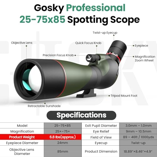 Image of Gosky FalconPro Elite 25-75x85 Spotting Scope w /Remote Shutter for Birding