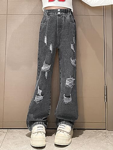 Hularka Kids Girls Ripped Jeans High Waist Bell Bottom Denim Pants Casual Straight Leg Distressed Trousers Bottoms2