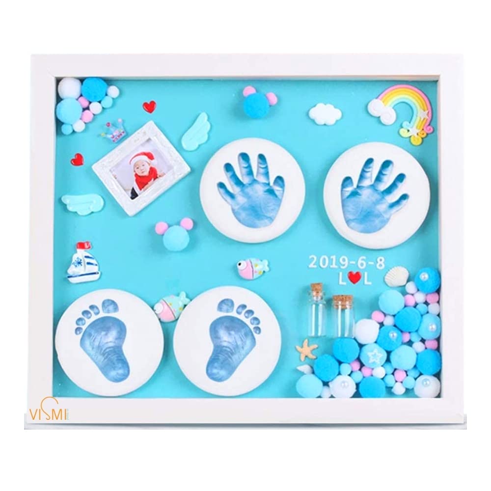 VISMIINTREND Baby Clay Hand And Footprint Casting Kit With Frame For Newborn Boys And Girls (0-5 Year Old) | New Parents Gift | Baby Gifts | Shadow Box - Blue, Wall Mount, Pack of 1 Rectangular