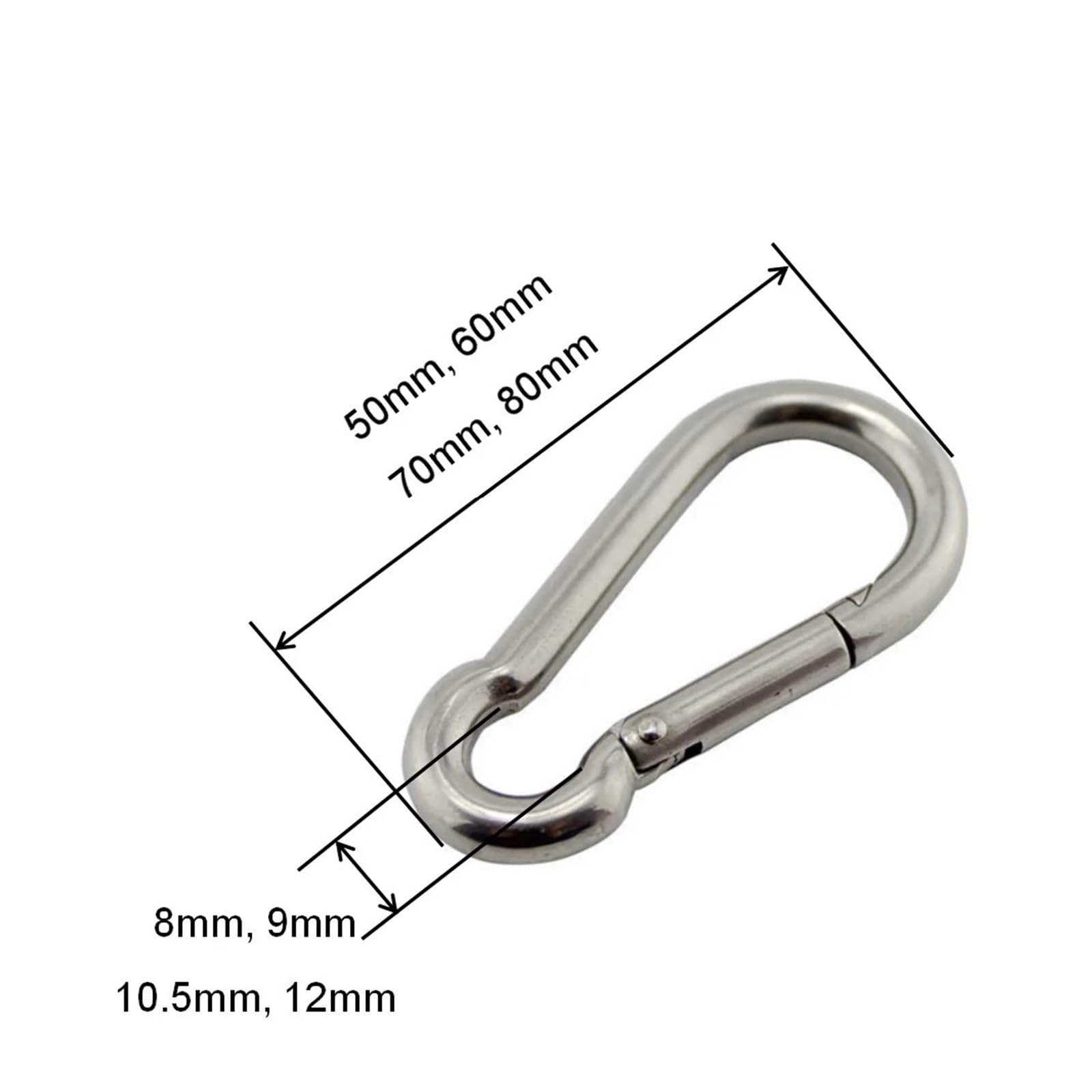 Deportes acuáticos Gancho mosquetón Plateado de Acero Inoxidable Marino, 50mm, 60mm, 70mm, 80mm de Longitud, Gancho mosquetón Grande y Resistente, 10 Uds. Accesorios de Vela(7X70mm)