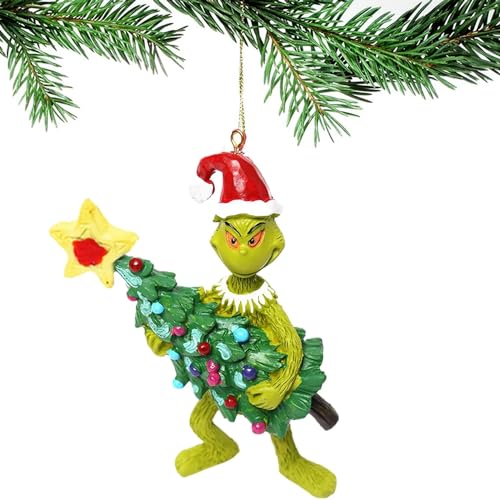 YOOYEH 3D Grinch Weihnachtsschmuck, hängende Weihnachtsdekoration, Anhänger, Grinch hält einen Baum, Weihnachtsdekoration für Zuhause, Urlaub, Party (3D)