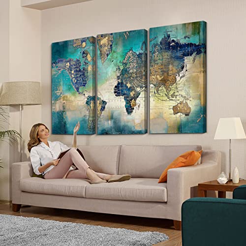 Image of Pogusmavi Canvas Wall Art for Living Room - World Map Wall Decor - Large Wall Art for Bedroom - Office Artwork - Map Wall Art 16 inchx32 inch 3 Piece Canvas Wall Art