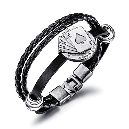 Bracciale da uomo in pelle multistrato intrecciato con carte da gioco
