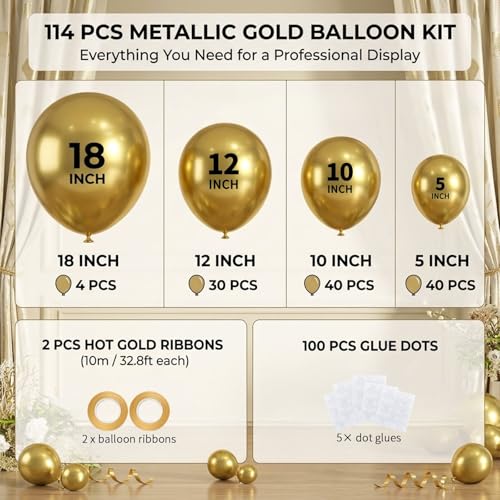 Image of 114pcs Metallic Gold Balloons Arch Kit, 18 12 10 5 inch Chrome Gold Latex Balloons Different Sizes Pack for Graduation Wedding Birthday New Year Party Decorations