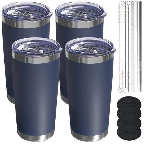 UIRZOTN Travel Coffee Tumbler 20oz, 4 Pack Leakproof Travel Coffee Mug with Lid and Straw, Stainless Steel Double Wall Vacuum Insulated Tumbler for Hot/Iced Drinks (Textured Matte, Navy Blue)