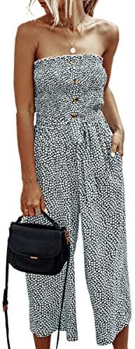 Angashion Women’s Jumpsuit-Casual Off Shoulder Sleeveless Ruffle Button Belt Wide Leg Jumpsuits Rompers Summer Navy Blue M