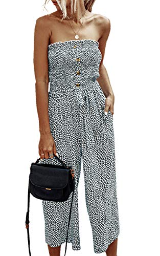 Angashion Women’s Jumpsuit-Casual Off Shoulder Sleeveless Ruffle Button Belt Wide Leg Jumpsuits Rompers Summer Navy Blue M #TOP9
