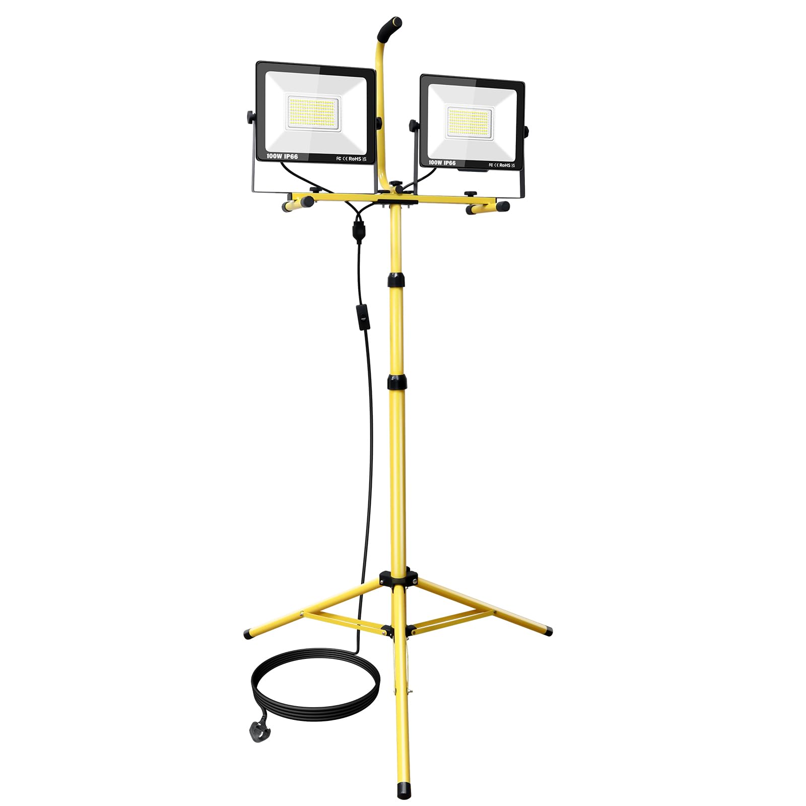 RIGIDON 200W Tripod Stand LED Work Light, Twin 100W Floodlight, Flexible Portable Job Site Light, 20000LM 175V to 265V Outdoor Indoor worklight for Workshop, Garage, Construction, Basement, IP65 6000K
