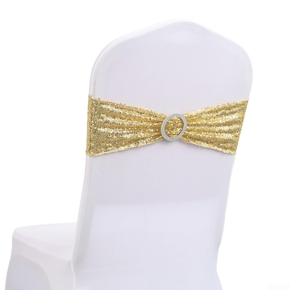 10 fundas de silla de poliéster, elastano elástico para silla, decoración de silla de comedor, decoración de lazo para fiesta de boda (dorado)
