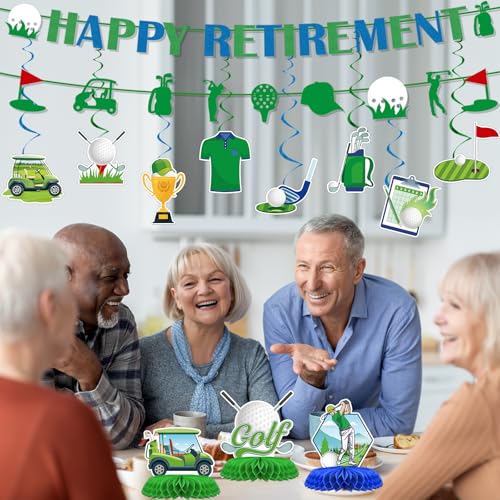 Image of Golf Retirement Party Decorations - 13PCS Golf Themed Party Decorations Happy Retirement Banner Hanging Swirls Honeycomb Centerpieces Sport Themed Retire Going Away Partee Decor Supplies