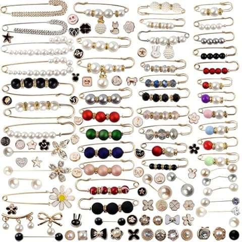 TIHOOD 110PCS Pearl Brooch Pins Women Decorative Safety Pins Pant Clothing Shawl Clips Artificial Pearls Brooch Elegant Pearl Cardigan Collar Brooch Clips Waist Tightener Safety Pins Cover