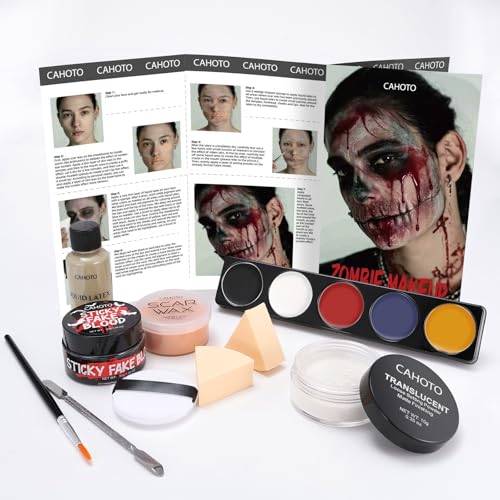 CAHOTO Halloween Zombie SFX Makeup Kit Complete Zombie Makeup Set Include 5 Colors Face Paint Scar Wax Setting Powder Fake Blood & Liquid Latex for Cosplay Stage Realistic Special Effects Makeup