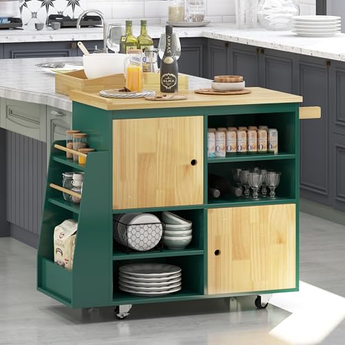 Image of NSdirect Kitchen Island Cart,Kitchen Bar&Serving Cart Rolling on Wheels with Spice Rack Towel Holder Utility Storage Trolley with Storage Drawers,Green