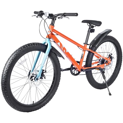 MAKELEN 24x3.0 Fat Tire Kids Mountain Bike Snow Bike Beach Bike for 10-15 Years Old Steel Frame Disc Brake Bike 7 Speeds, Orange&Blue