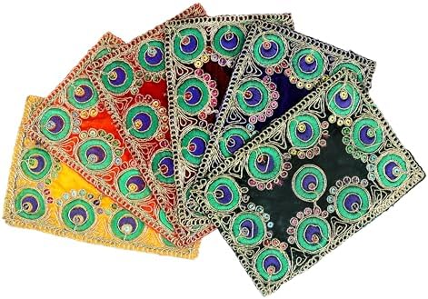 Set of 6 Small Decorative Velvet Aasan Pooja Doormats (Size:6×4 inch) for Multipurpose Indian Traditional Festival Decorations and Pooja Laxmi Item