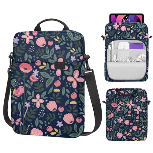 Image of MoKo 9-11 Inch Tablet Sleeve Bag Handle Carrying Case with Shoulder Strap Fits New 11-inch iPad Pro M5 /iPadAir M3, i-Pad 10th 10.9, iPad 9 /8 /7 10.2, i-Pad Air 5 /4th 10.9, Tab S8 /S9 11, Floral Indigo