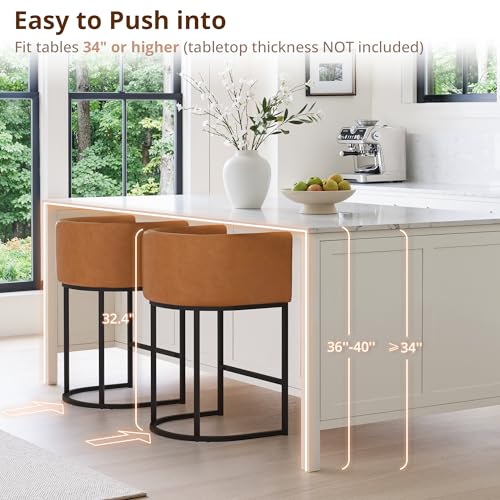 Image of LUE BONA Counter Height Bar Stools Set of 2, Modern Barrel Counter Stools with Backrest and Arms, Black Metal Frames, Faux Leather Upholstered Accent Barstools for Kitchen Island, Yellowish Brown