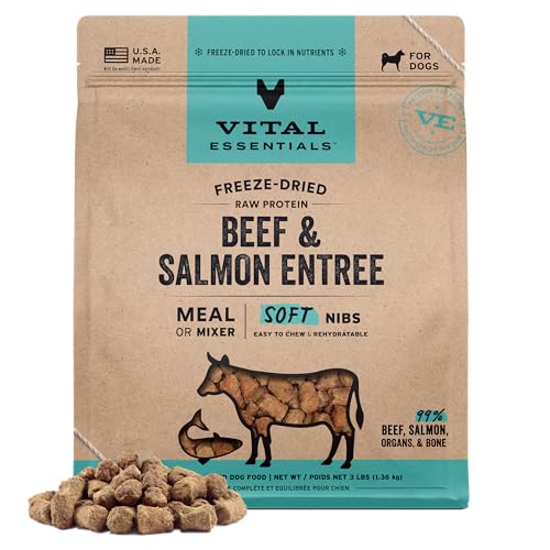 Image of Vital Essentials Freeze Dried Dog Food, Beef & Salmon Nibs, 3 lb Bag | Soft, Complete Meal or Topper, Made With 99% Beef, Salmon, Organs & Bone, High Protein Raw Nutrition, Grain-Free Recipe
