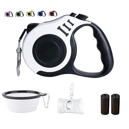Hengere Retrctable Dog Leash for X-Small/Small/Medium, 10ft (for Dogs Up to 22lbs),with Free Portable Silicone Dog Bowl+Waste Bag Dispenser+3 Waste Bag (White)