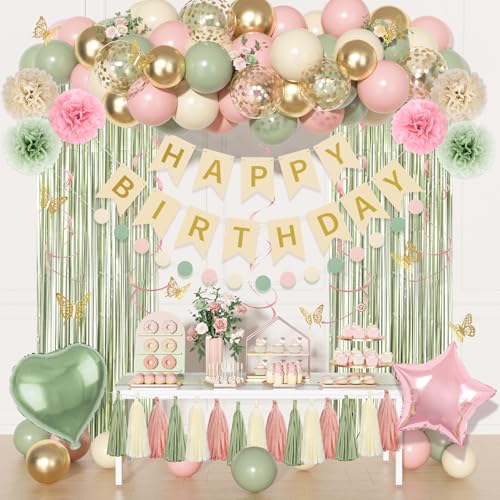 Pink and Green Birthday Decorations Sage Green Pink Sand White Gold Balloons Happy Birthday Banner Fringe Curtains Butterfly Hanging Swirls Circle Dots Tassels Pompoms for Women Girls Party Supplie