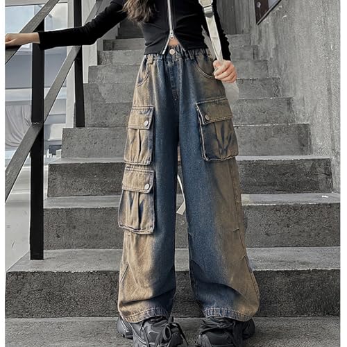 Baggy Jeans for Girls Pockets Cargo Adjustable Waist Wide Leg Pants Streetwear Cute Jeans for Girls Washed Denim Pants3