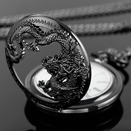 Image of Dragon Design Quartz Pocket Watch Roman Numerals with Chain Birthdays Gifts for Father's Days