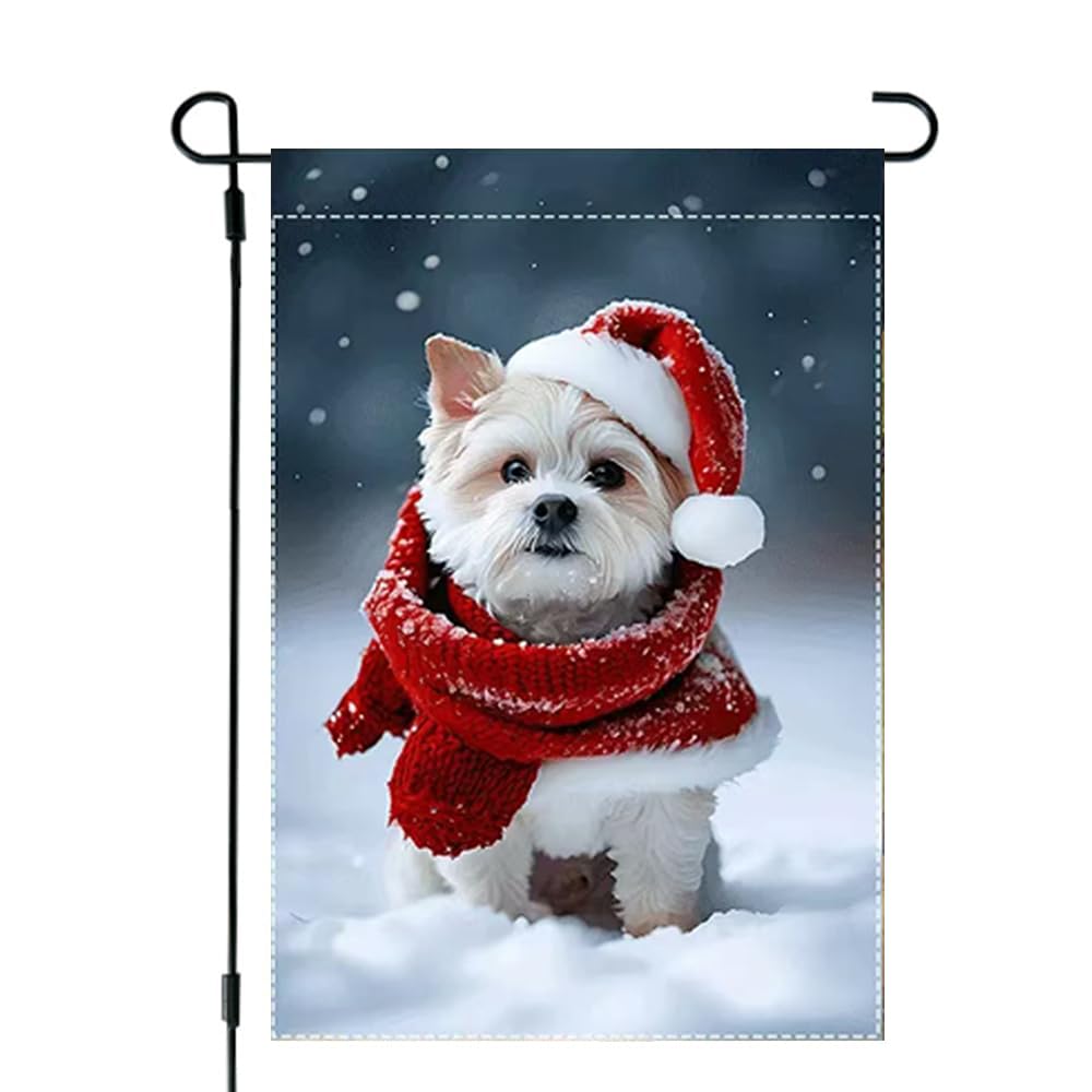 Christmas Garden Flags 12x18 Double Sided Burlap, Christmas Vacation Snow Yorkie Garden Flag Dog Winter Decorations for Outside Home, Small Decorative Christmas Outdoor Flag for Yard and Garden Décor