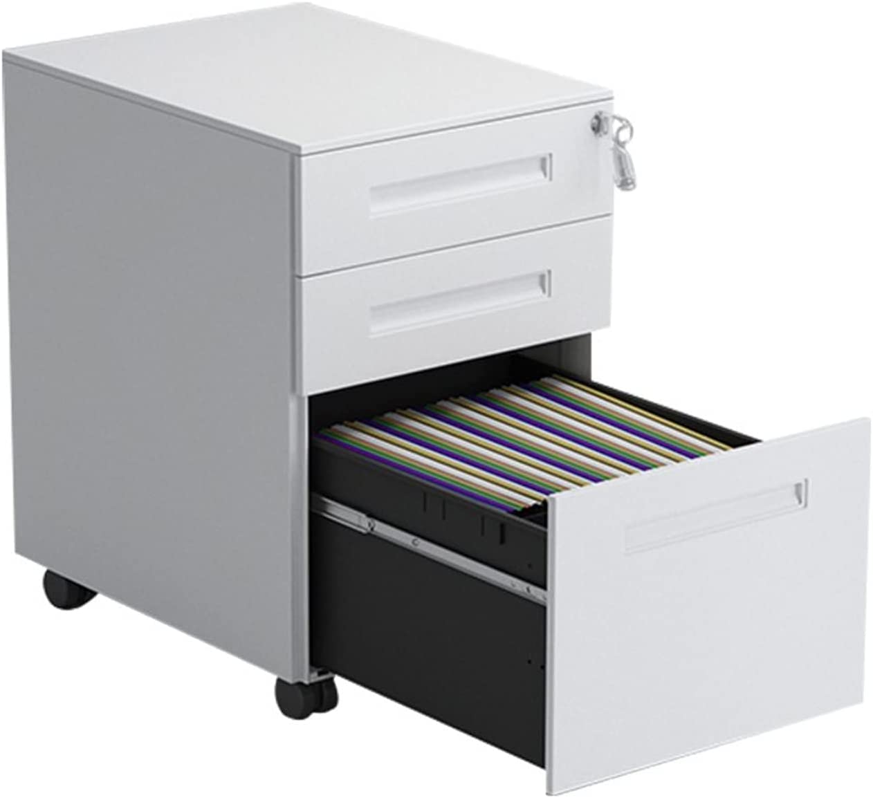 SaryEdge Mobile Metal Filing Cabinet with Lock 3Drawer Vertical Rolling File Under Desk Storage Solution Modern Office Furniture on Wheels,White
