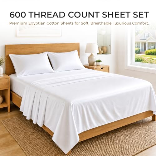 Image of SGI bedding 100% Egyptian Cotton Sheets Twin Size - 600 Thread Count Sheets Set, Soft, Cooling, 15 inch Deep Pocket, Luxury Hotel Bedding, Breathable, Durable - White