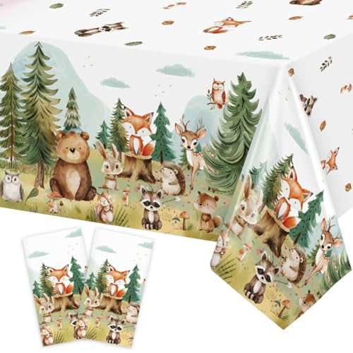 Heboland 2 Pezzi Tovaglia Compleanno Bosco, Tovaglia Feste Primo Bimbo 137 x 274 Cm Tovaglia Usa e Getta Animali Foresta per Decorazioni 1 Anno Feste Baby Shower Ragazzi Ragazze