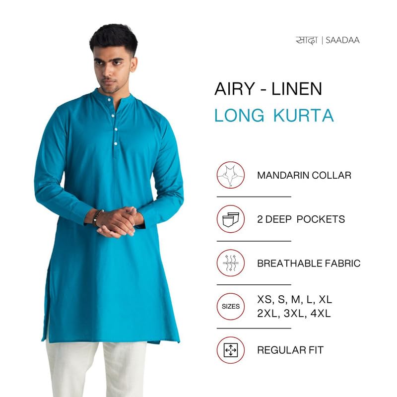 Image of SAADAA Men's Long Kurta - Linen Cotton Blend, Airy Fabric, Regular Fit, Mandarin Collar, Solid Color - Casual, Festive & Ethnic Wear