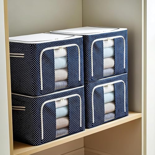 Image of CLAPONE Foldable Steel Frame Cloth Organizer Storage Box and Organiser /Wardrobe Organizer for Storage /almirah for Sarees /Shirts /Blankets /Clothes Storage Box (Blue, 100 Ltr - Pack of 4)