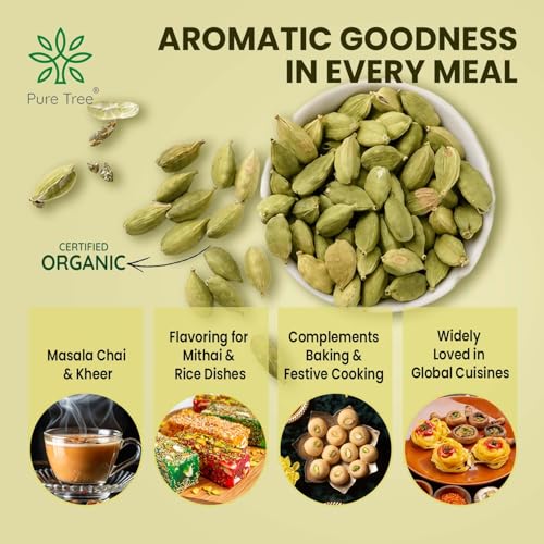 Image of Pure Tree Certified Organic Elaichi | 100 g | Glass Jar | Organic Green Cardamom Whole Spices Hari Chhoti Elaichi Seeds Unique Aroma & Pleasant Flavour