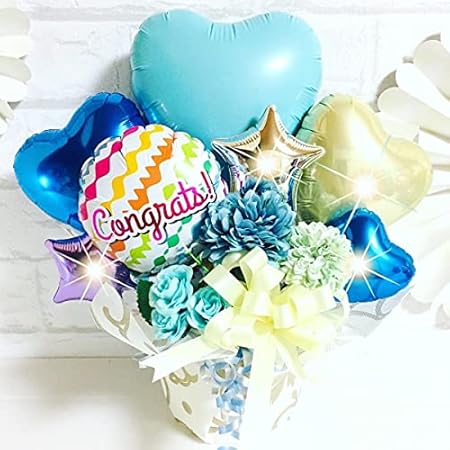 Amazon ブルー リボンとお花のお祝いアレンジ 選べるメッセージ バルーンギフト エムズバルーン Mzballoon バルーン 風船 お祝い 記念日 卓上バルーン バルーンアレンジメント 発表会 お誕生日 結婚祝い 送別会 卒業 入学 Congrats 発表会 お祝い 風船